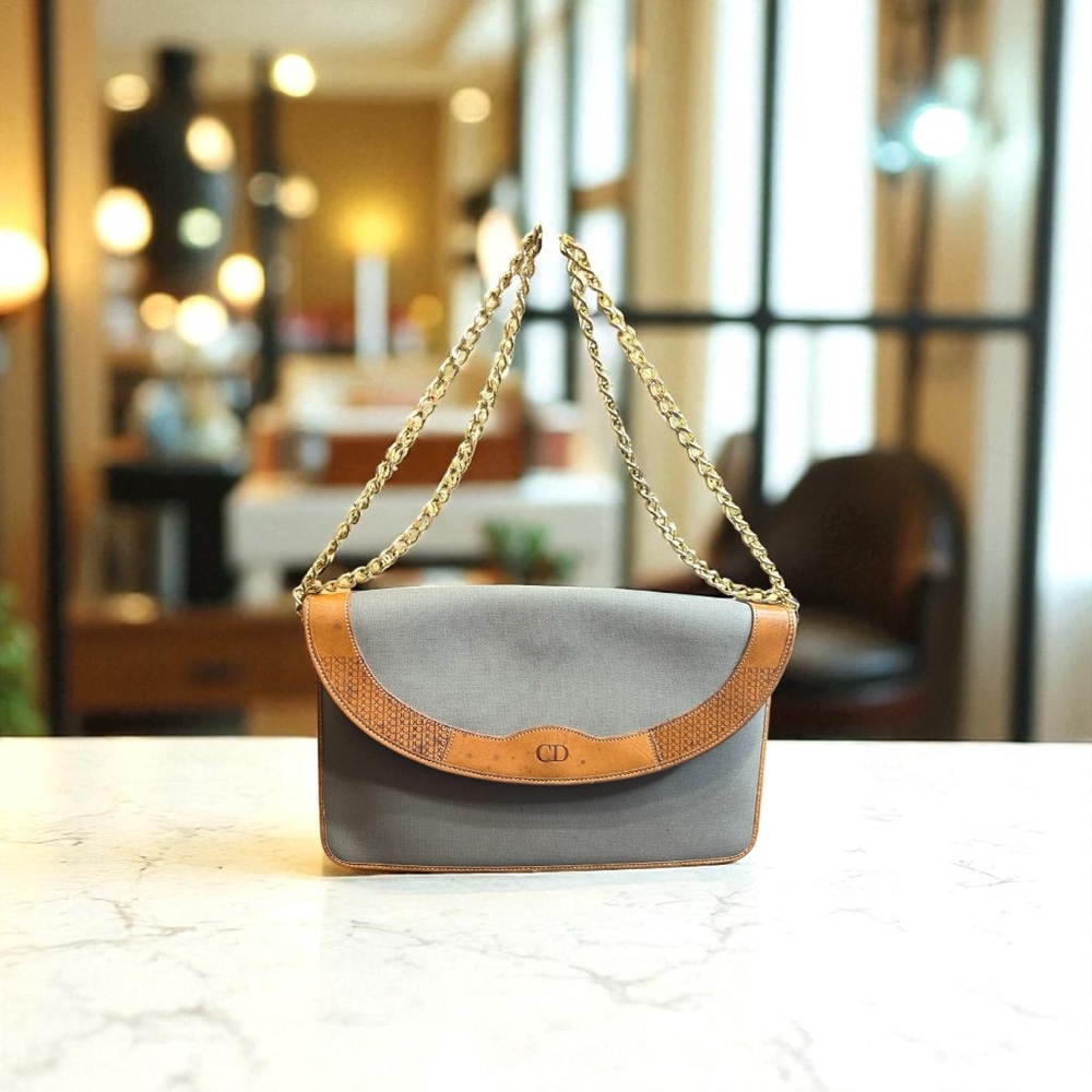 Vintage Dior Gray and Tan Shoulder Bag